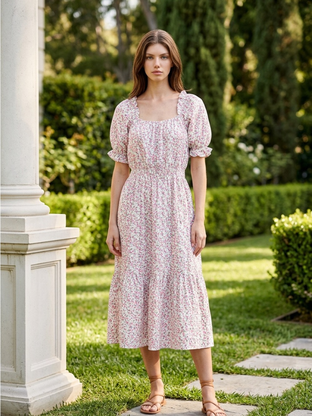 Listicle Pink Floral Smocked Midi Dress